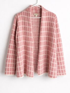Appleseed’s Mohair Wool Blend Cardigan Pink Cream Check Open Front Small